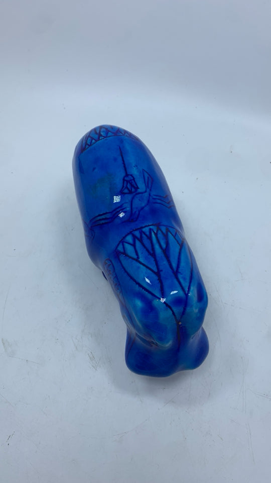 BLUE CERAMIC HIPPO W/SKETCH DESIGNS.