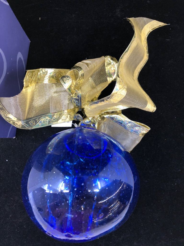 NIB BLUE GLASS WITCH BALL ORNAMENT GOLD BOW.