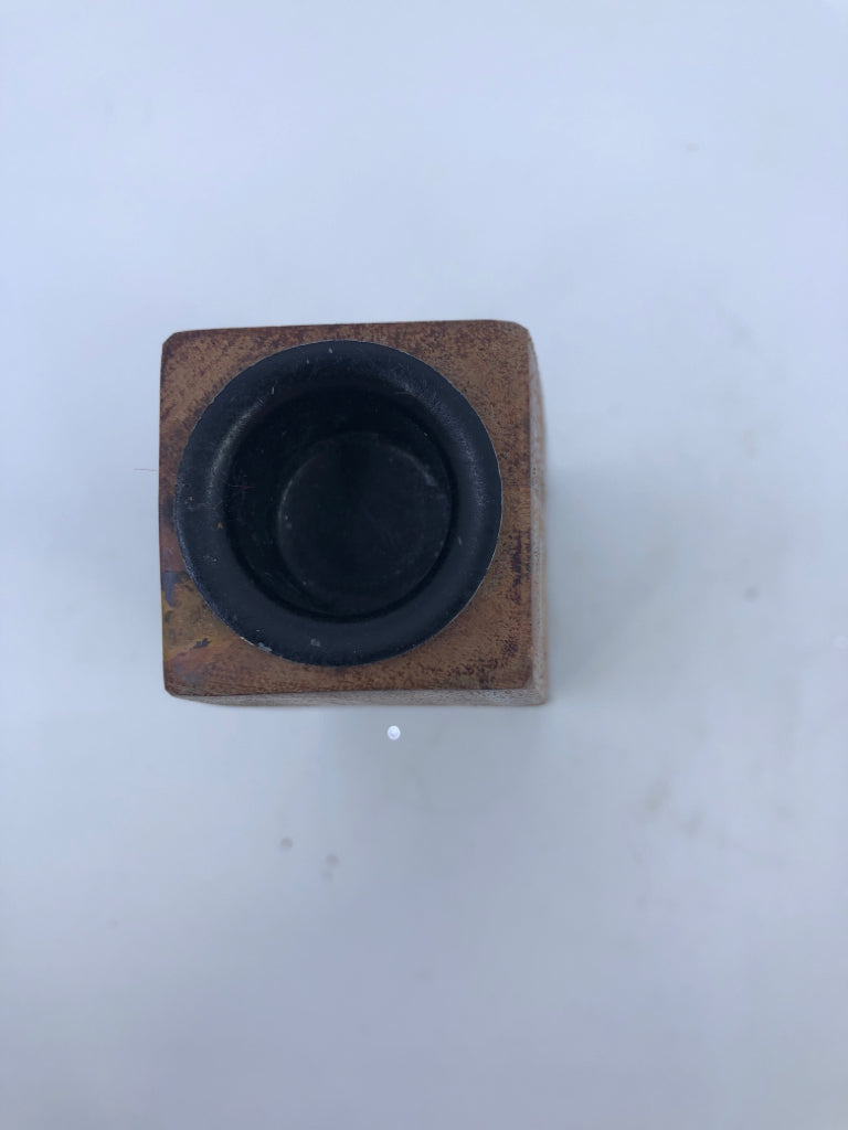 HEAVY BLACK MARBLE WOOD TOP CANDLE HOLDER.