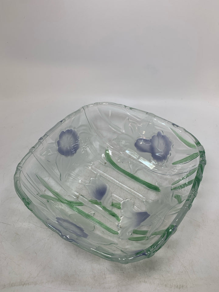 SQUARE GLASS SERVING BOWL W/ GREEN STEMS FROSTED BLUE FLOWERS.