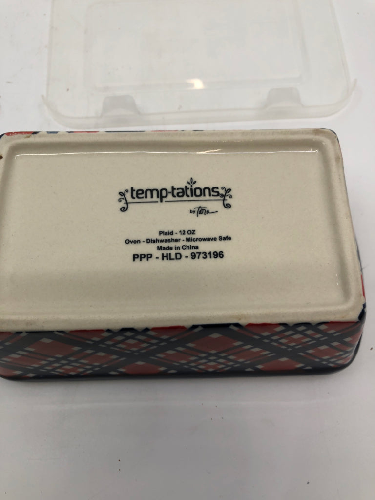 TEMPTATIONS BLUE+RED PLAID BAKING DISH W/ COVER.