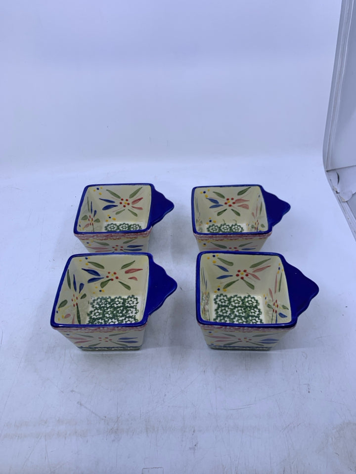 4 BLUE GREEN RED DIP BOWLS W/ HANDLES.