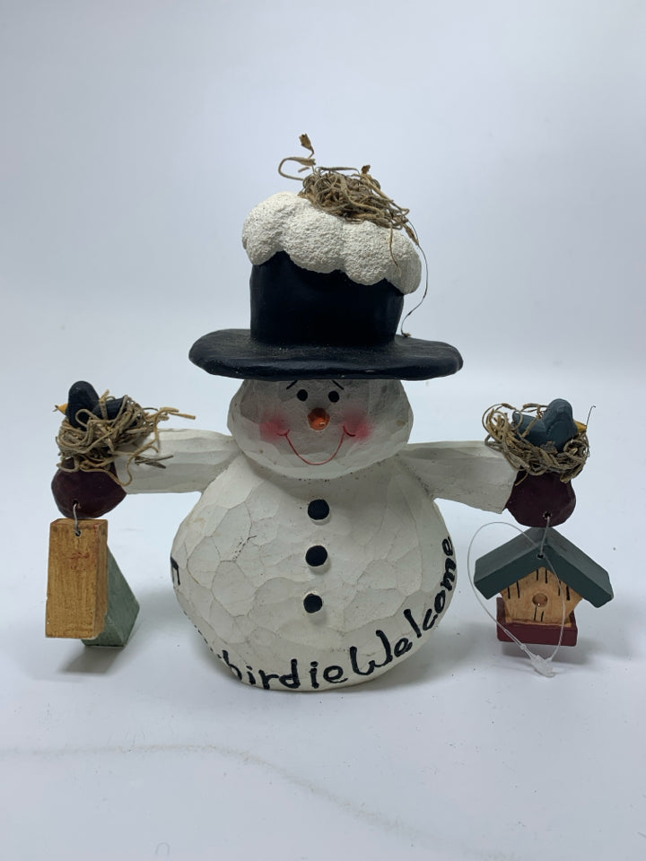 PRIMITIVE STYLE SNOWMAN HOLDING BIRDS & BIRDHOUSES.