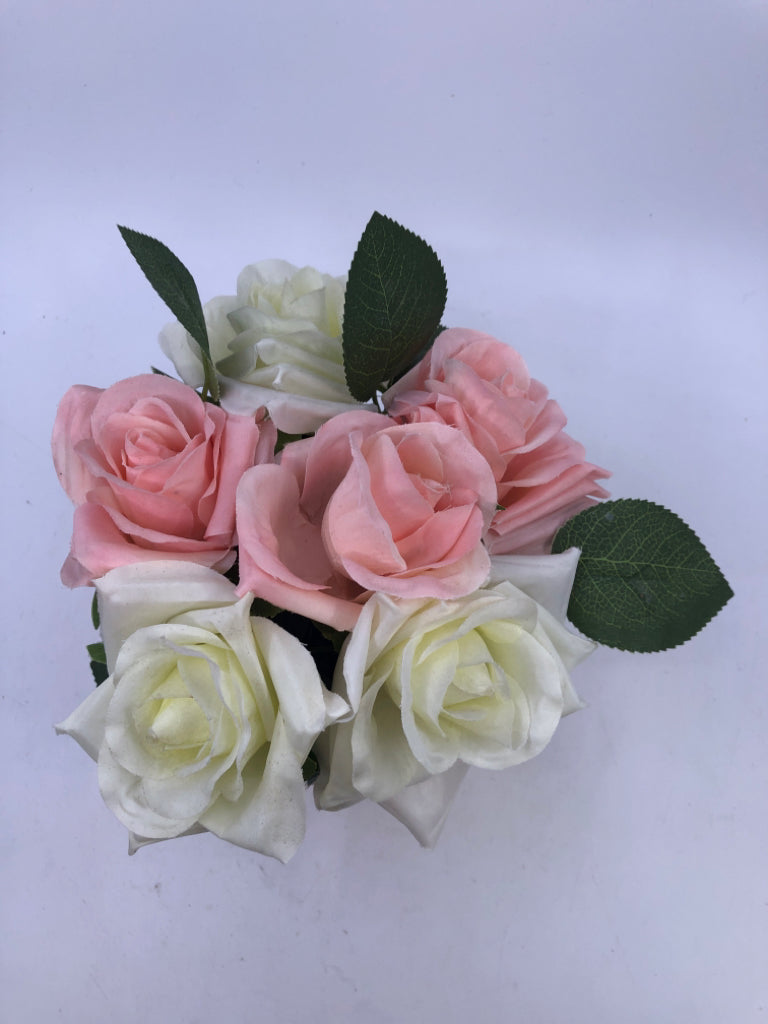 PINK/ WHITE FAUX FLORAL IN PLANTER.