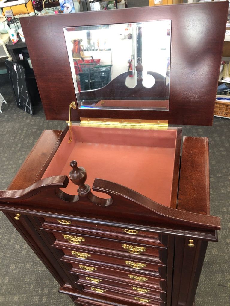 DARK WOOD JEWELRY ARMOIRE.