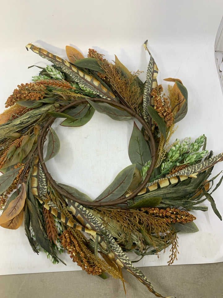 FAUX GREEN/ORANGE LEAVES + FEATHERS.