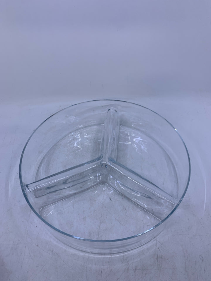 CLEAR GLASS HEAVY TRI DIVIDED BOWL.