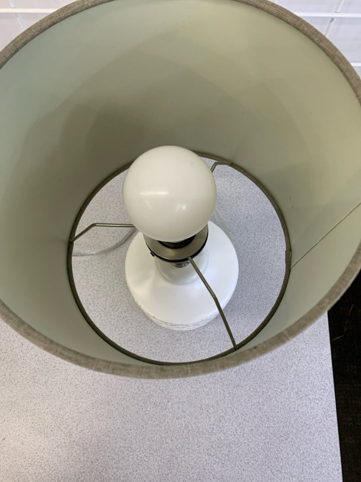 WHITE DISTRESSED ZIGZAG LAMP W/ GREY SHADE.