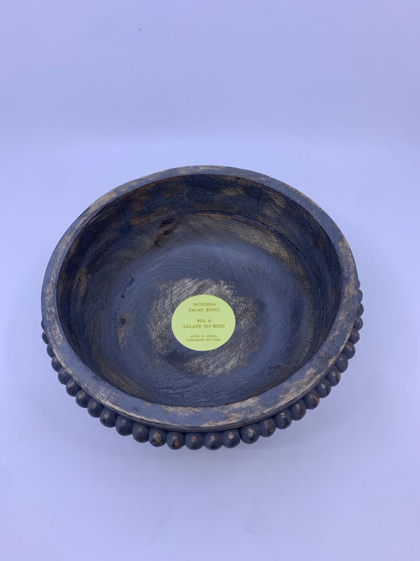 DISTRESSED GREY BEADED WOODEN SALAD BOWL.