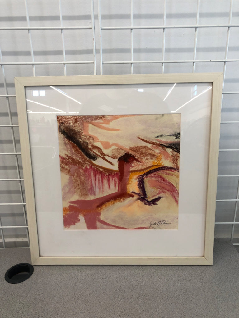 RED PASTEL ABSTRACT ART- SIGNED IN WHITE WOOD FRAME.