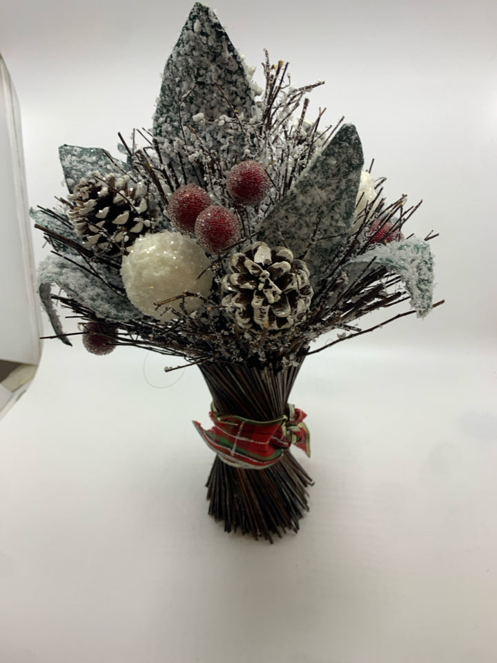 BUNDLE OF FAUX FROSTED PINECONES/BRANCHES W/RED RIBBON.