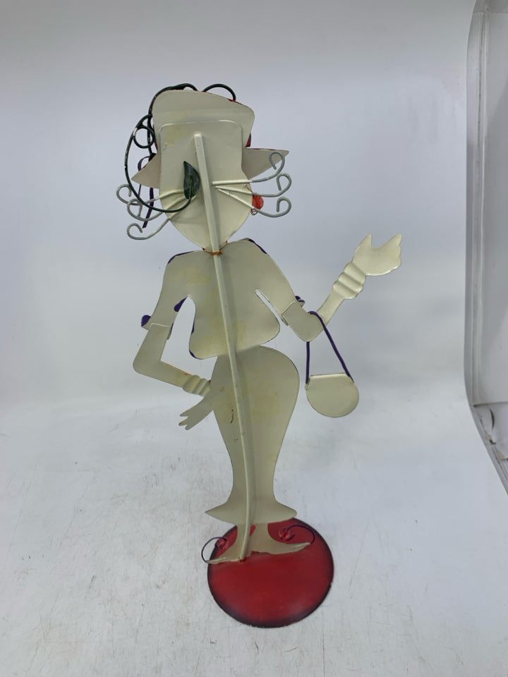 METAL STANDING WOMAN W/ PURPLE DRESS, SHOES SPARKLE COLLAR.