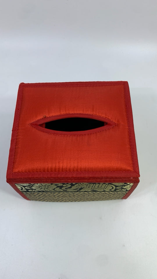 RED FABRIC W/STITCHED ELEPHANTS TISSUE COVER.