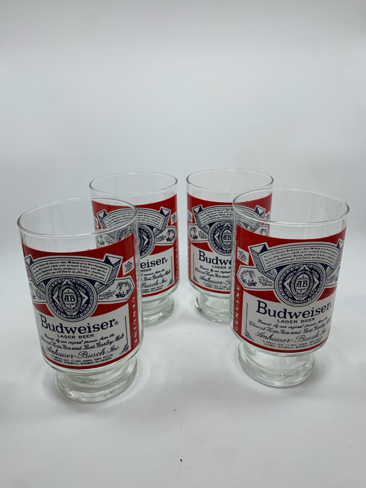 4 LARGE BUDWEISER GLASSES.