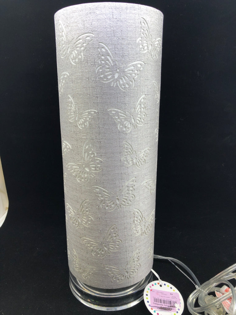 GREY BUTTERFLY SHADE CYLINDER LAMP.