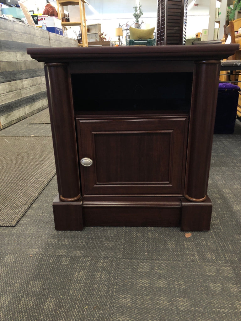 CHERRY FAUX WOOD SIDE TABLE W/ CABINET + CUBBY.
