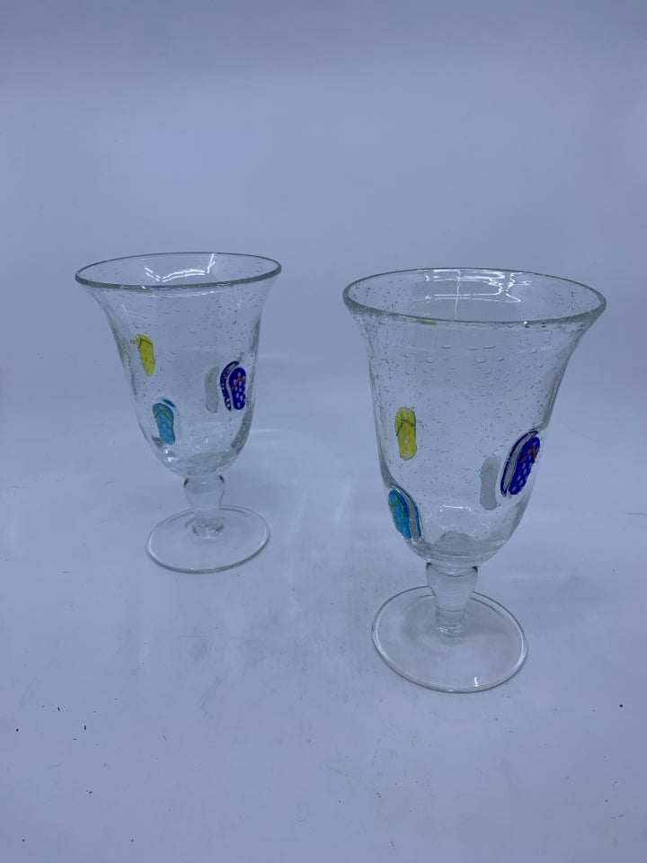 2 BLOWN GLASS GOBLETS W/ EMBOSSED FLIP FLOPS + BUBBLES.