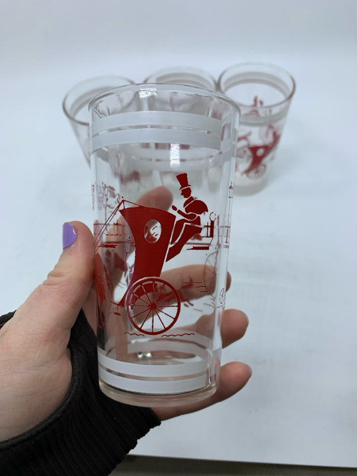 VTG 4 JUICE GLASS W/ PRINTED RED PARK SCENE WHITE DETAILS.