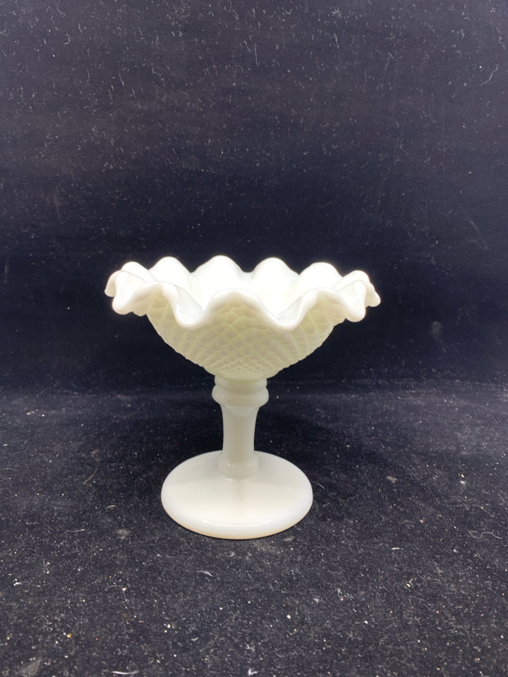 VTG MILK GLASS HOBNAIL FOOTED CANDY DISH.