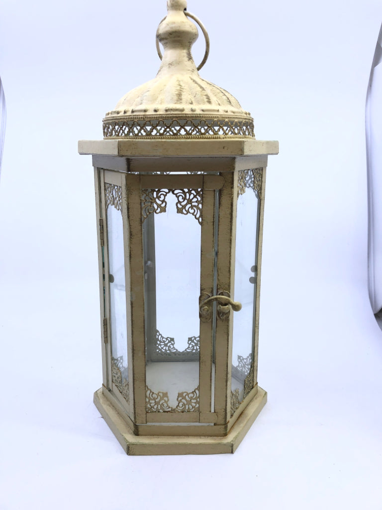 CREAM DISTRESSED GLASS PANES LANTERN 14 "h X 6" X 6"