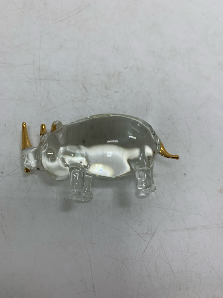 SMALL GLASS RHINO W/ GOLD DETAILS.
