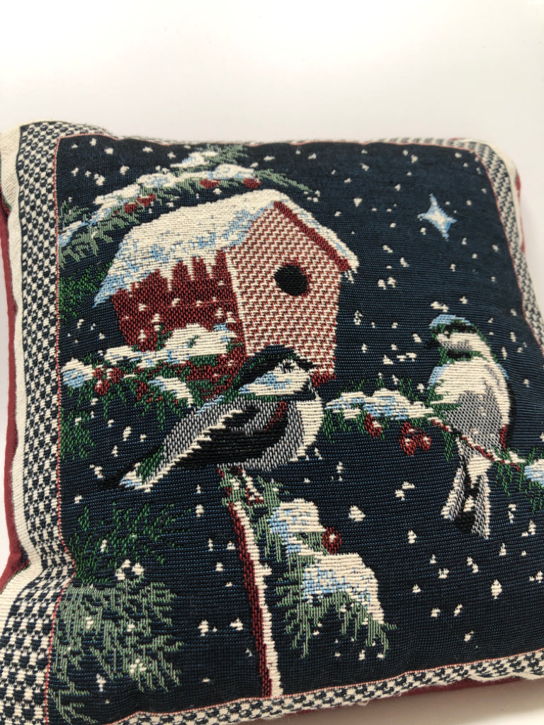 WINTER BIRDS ON BIRD HOUSE PILLOW.
