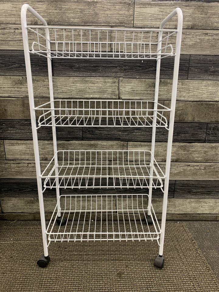 4 TIER WHITE WIRE BASKET SHELF ON WHEELS.