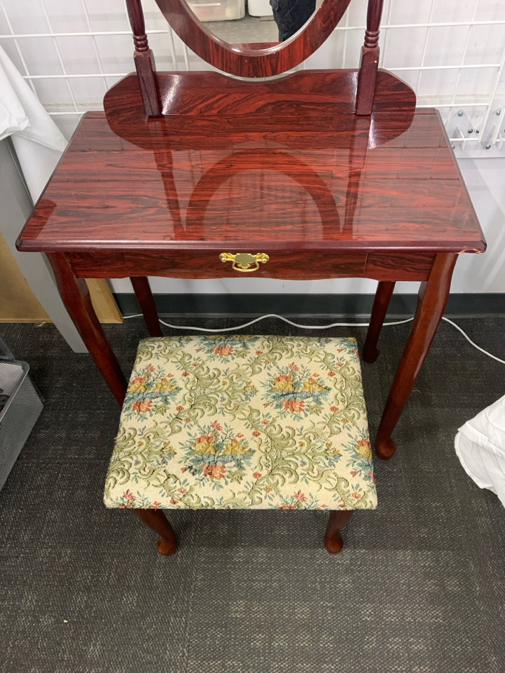 CHERRY WOOD VANITY W STOOL.