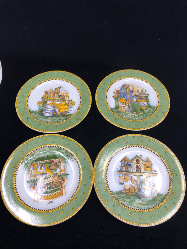 VTG GREEN RIMMED LUNCH PLATES W BIRDHOUSES.