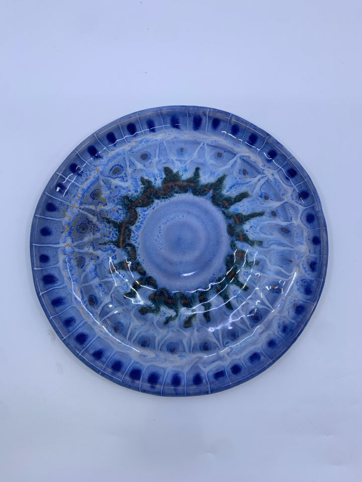 BLUE POTTERY CANDLE PLATE.