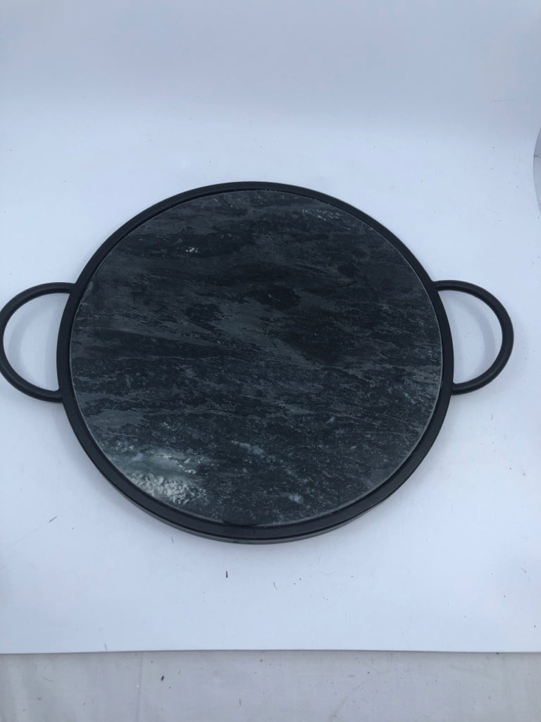 HEAVY DARK MARBLE TRAY W/ BLACK METAL INSERT/HANDLES.