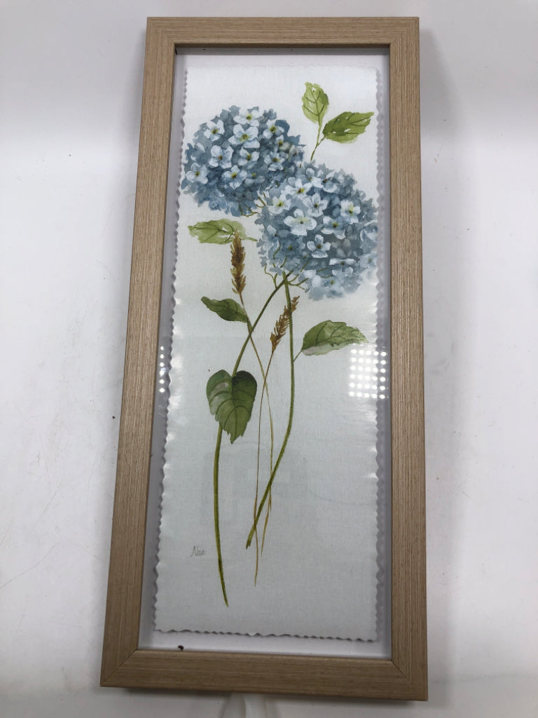 BLUE FLORAL CRIMPED EDGE PRINT IN WOOD FRAME.