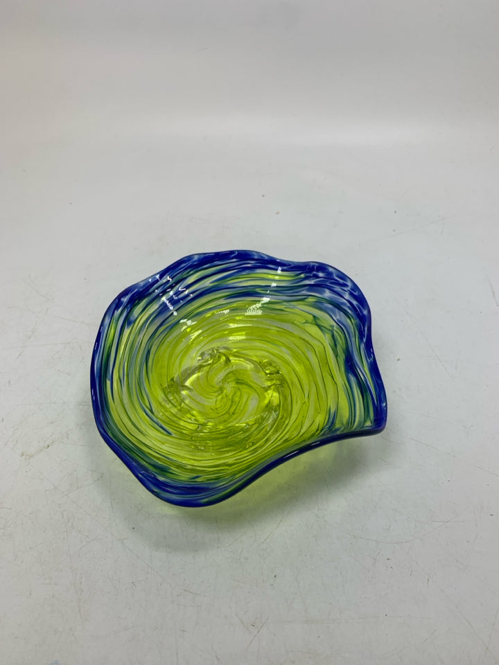 BLUE/YELLOW BLOWN GLASS SMALL CATH ALL DISH.
