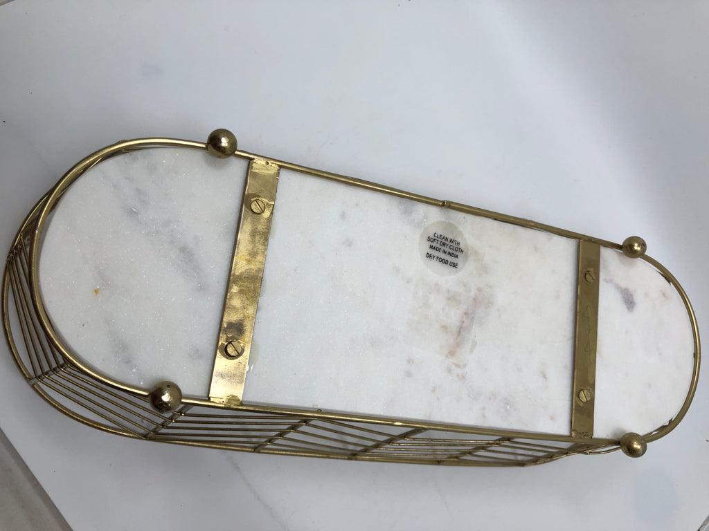 GOLD WIRE BASKET W/MARBLE BOTTOM.
