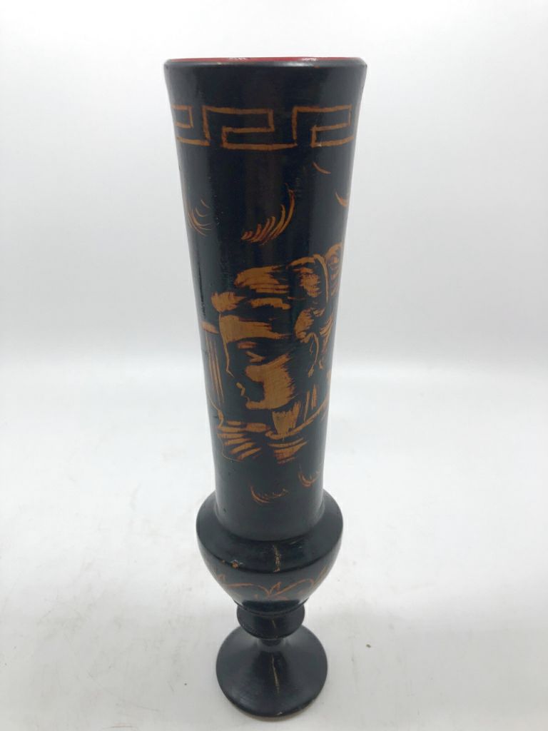 VTG GREEK WOODEN VASE BLACK/GOLD PATTERN PEDESTAL.