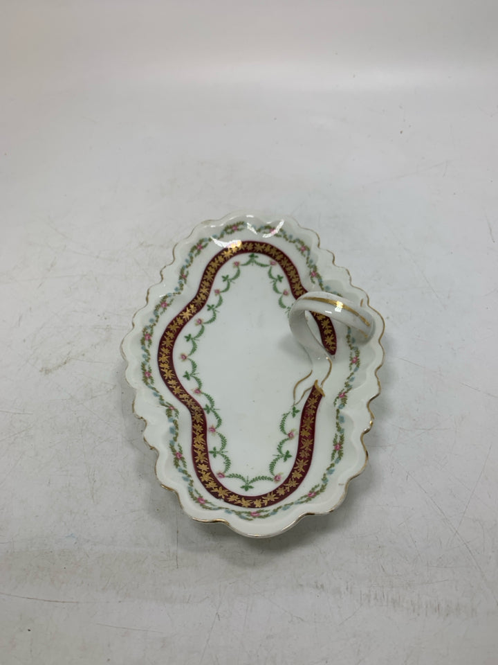 VTG SMALL DISH W/ FLOWERS MARRON BAND RING CATCH W/ HANDLE.