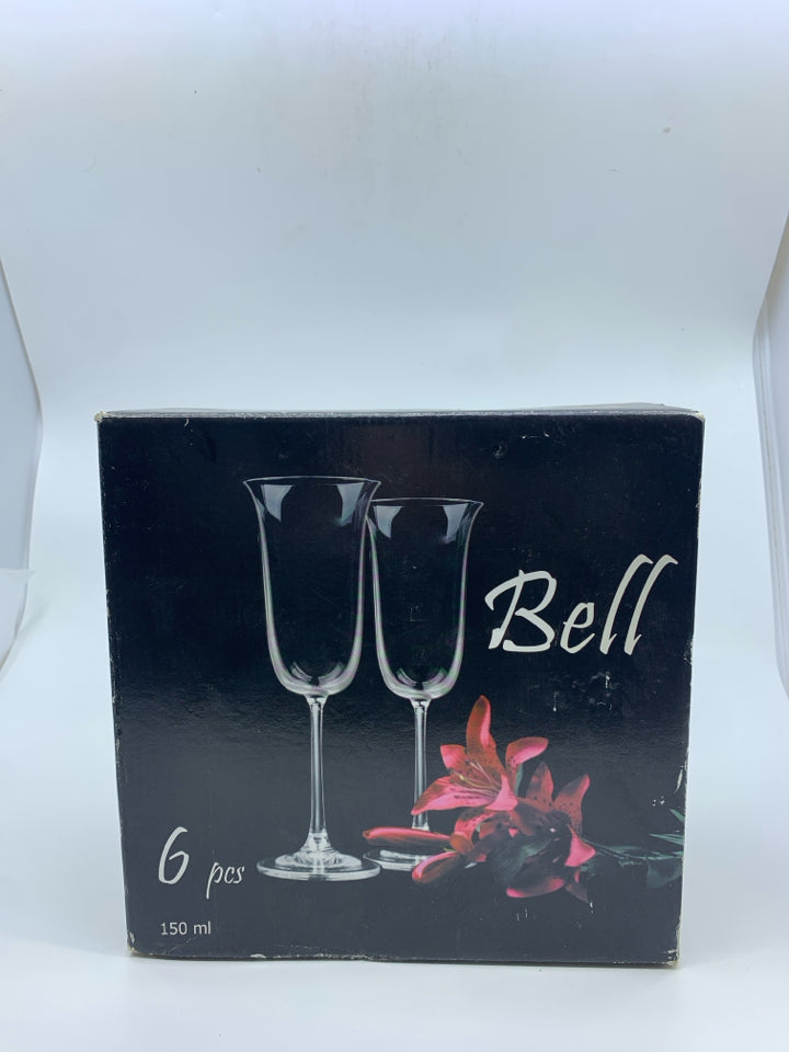 NIB 6 BELL WINE GLASSES.