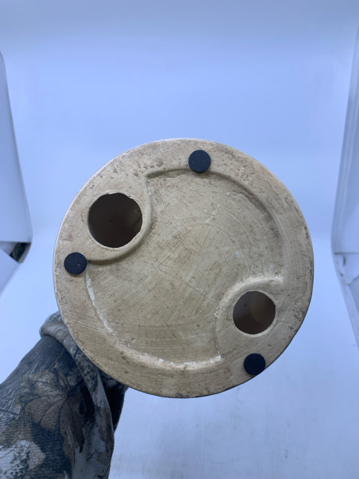 LARGE CERAMIC WHITE/GREY CRACKLE W/ FLOWERS PILLAR CANDLE HOLDER.