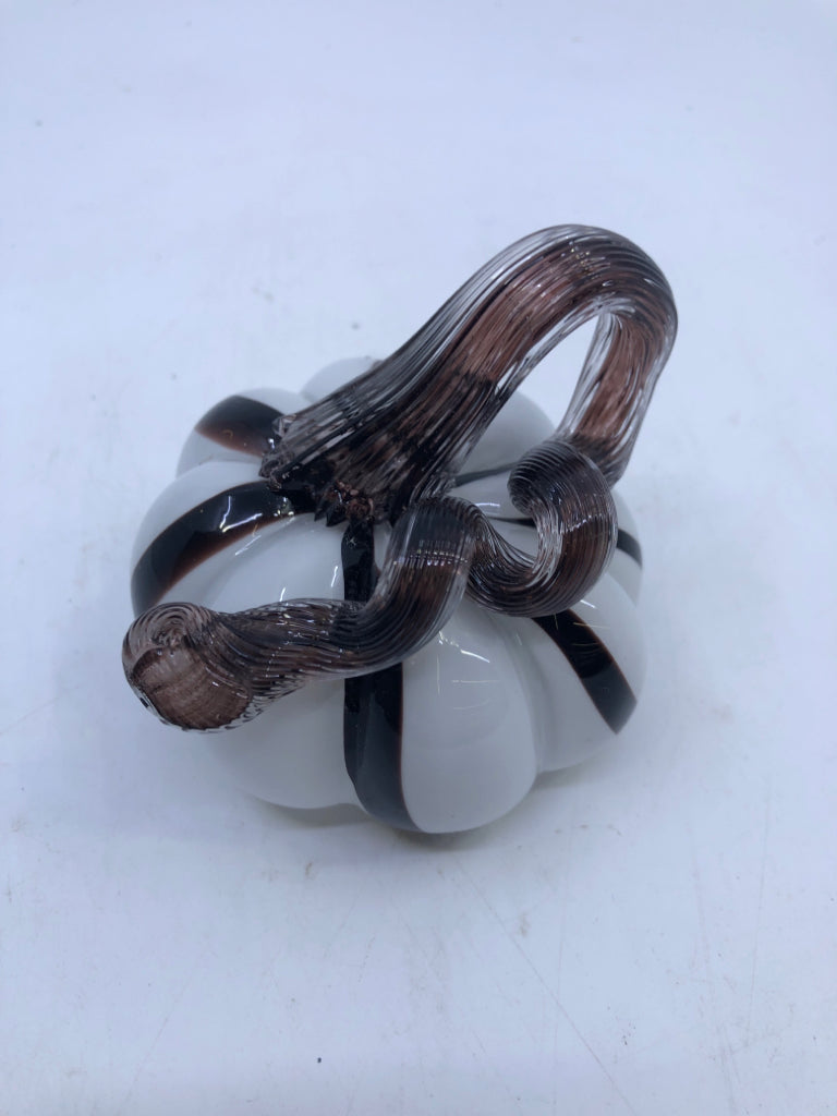 BLACK AND WHITE BLOWN GLASS PUMPKIN.