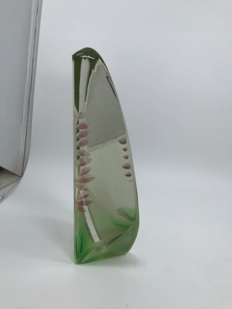 ETCHED PINK FLOWER TALL GLASS FIGURINE.