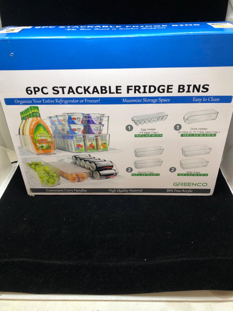 NIB 6PC STACKABLE FRIDGE BINS.