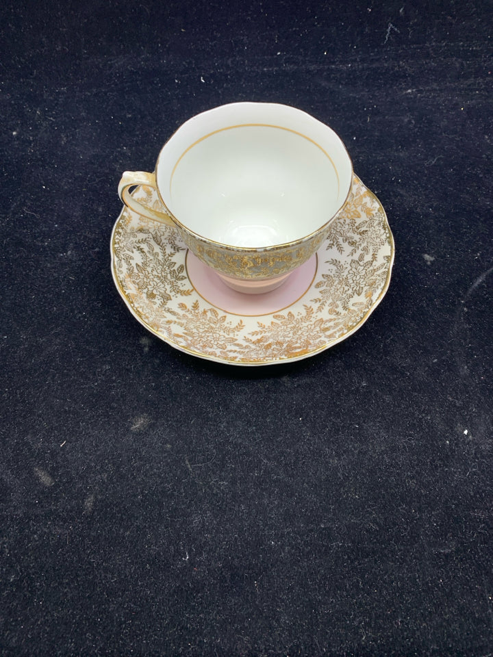 VTG PINK W GOLD FLORAL TEACUP AND SAUCER.