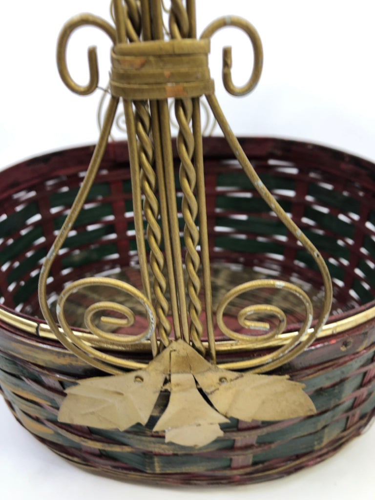 MAROON/GREEN BASKET WITH GOLD METAL HANDLE & LEAF.