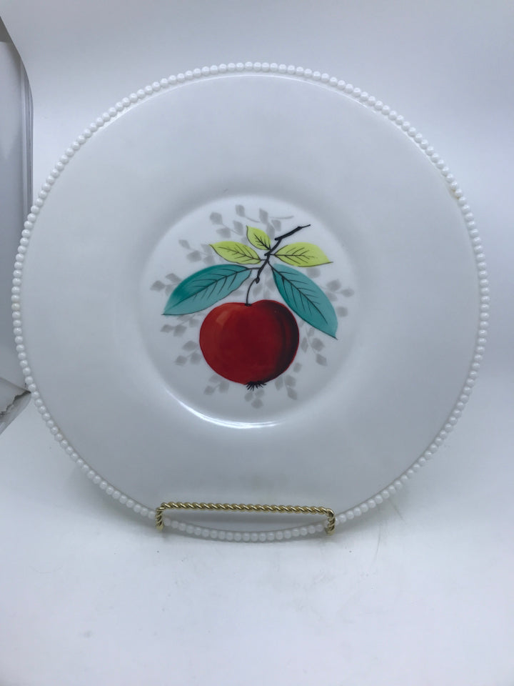 LARGE MILK GLASS PLATTER W APPLE.