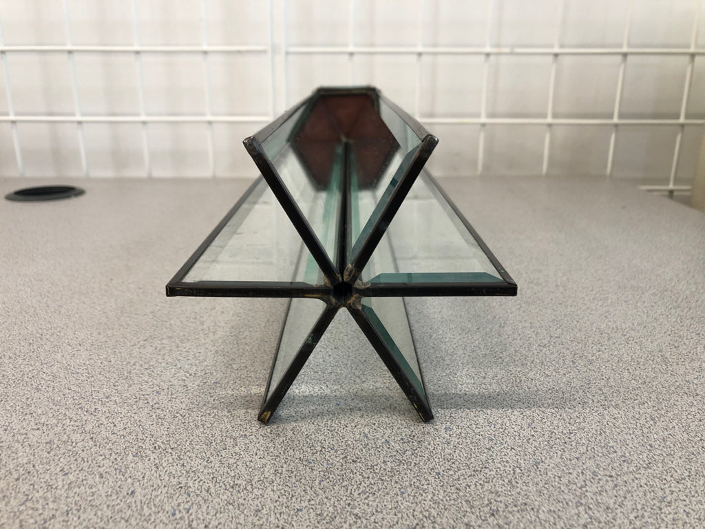 BLACK METAL AND GLASS GEOMETRIC PILLAR CANDLE HOLDER.