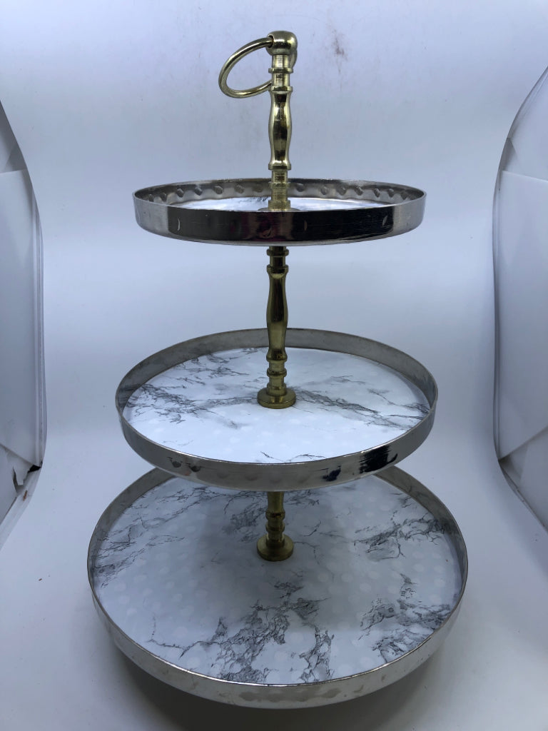 3 TIER METAL SERVER- SILVER W/ MARBLE DECOR LINING.