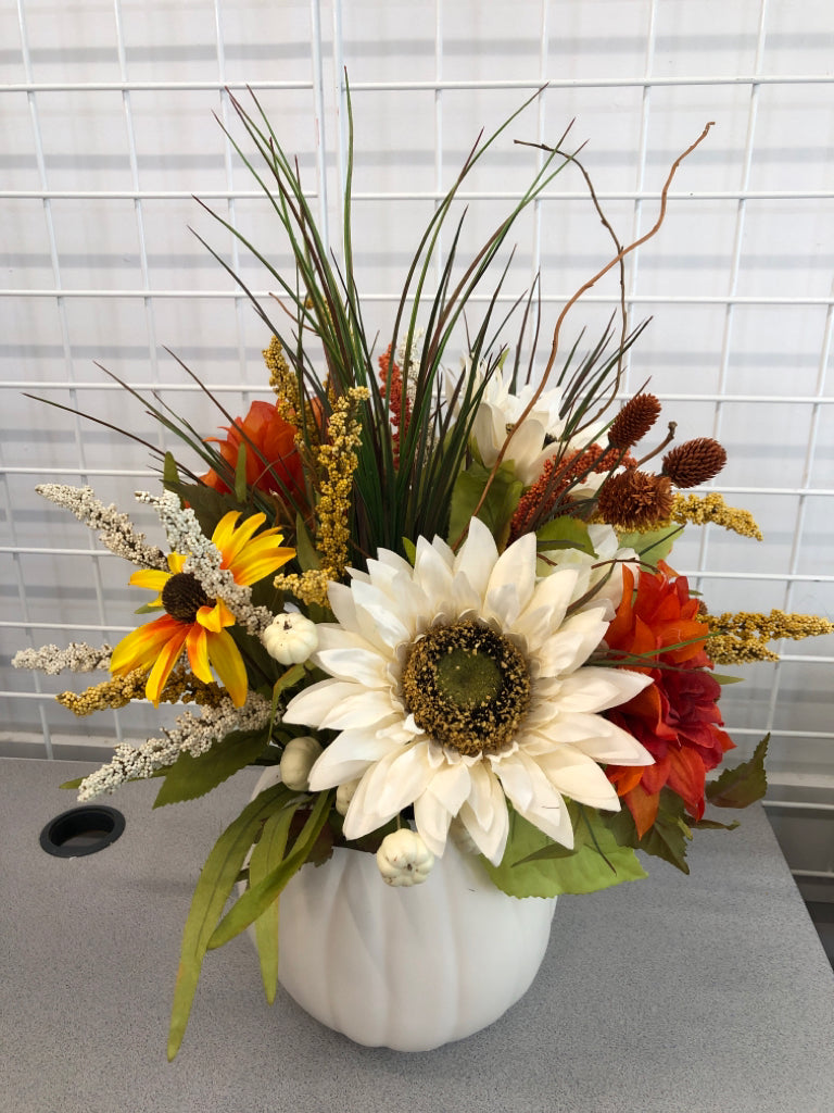 FAUX FALL BOUQUET IN PLASTIC WHITE PUMPKIN.