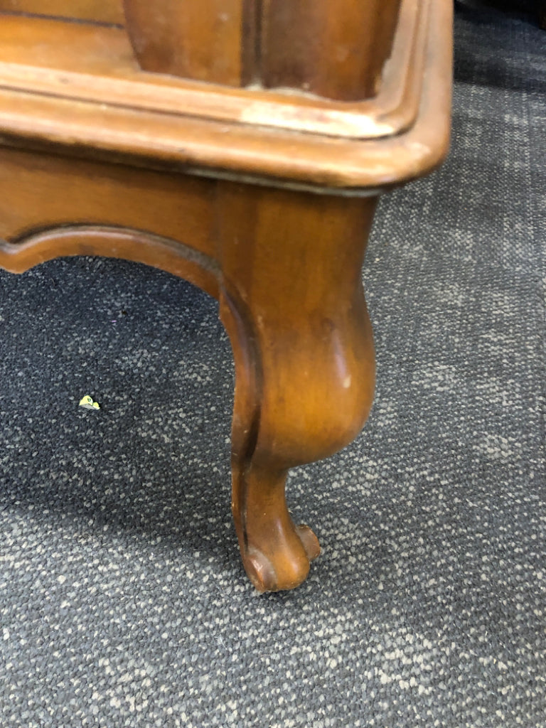 VTG WOOD SQUARE SIDE TABLE W MARBLE TOP AND BOTTOM SHELF.