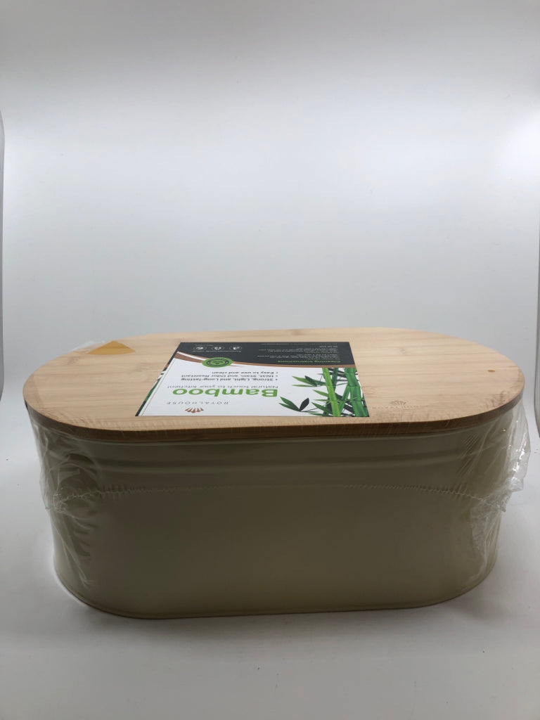 NIP BAMBOO TOP TAN TIN BREAD BOX.