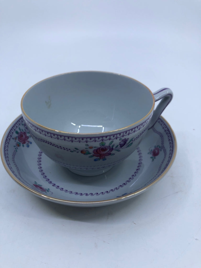 VTG PURPLE W/FLOWERS COPELAND TEACUP AND SAUCER.